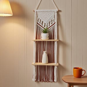 May include: A macrame wall shelf with two wooden shelves and a decorative woven top. The shelf holds a small potted plant and a white vase. The macrame design features white and brown vertical strands.