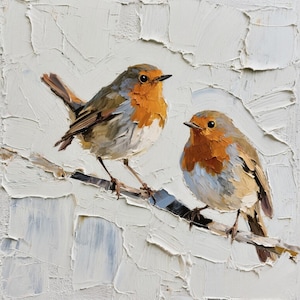 Large Robin Bird oil painting, 100% original hand painted not printing, 2 Birds Painting, Miniature Canvas painting Bird, wildlife wall art
