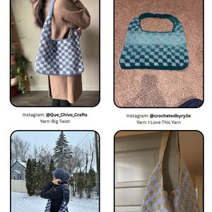 Peut inclure: Plusieurs sacs fourre-tout crochet&eacute;s sont pr&eacute;sent&eacute;s, avec diverses couleurs et motifs. Un sac pr&eacute;sente un motif &agrave; carreaux bleu et blanc, un autre un d&eacute;grad&eacute; de turquoise, et un troisi&egrave;me un motif &agrave; carreaux beige et bleu. Les sacs sont faits &agrave; la main.