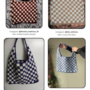 Peut inclure: Quatre sacs fourre-tout crochet&eacute;s &agrave; la main, avec un motif en damier. Les sacs pr&eacute;sentent diverses combinaisons de couleurs, notamment bordeaux et cr&egrave;me, marron et bleu clair, marine et cr&egrave;me, et bleu clair et gris. Les sacs sont fabriqu&eacute;s avec diff&eacute;rents types de fil.