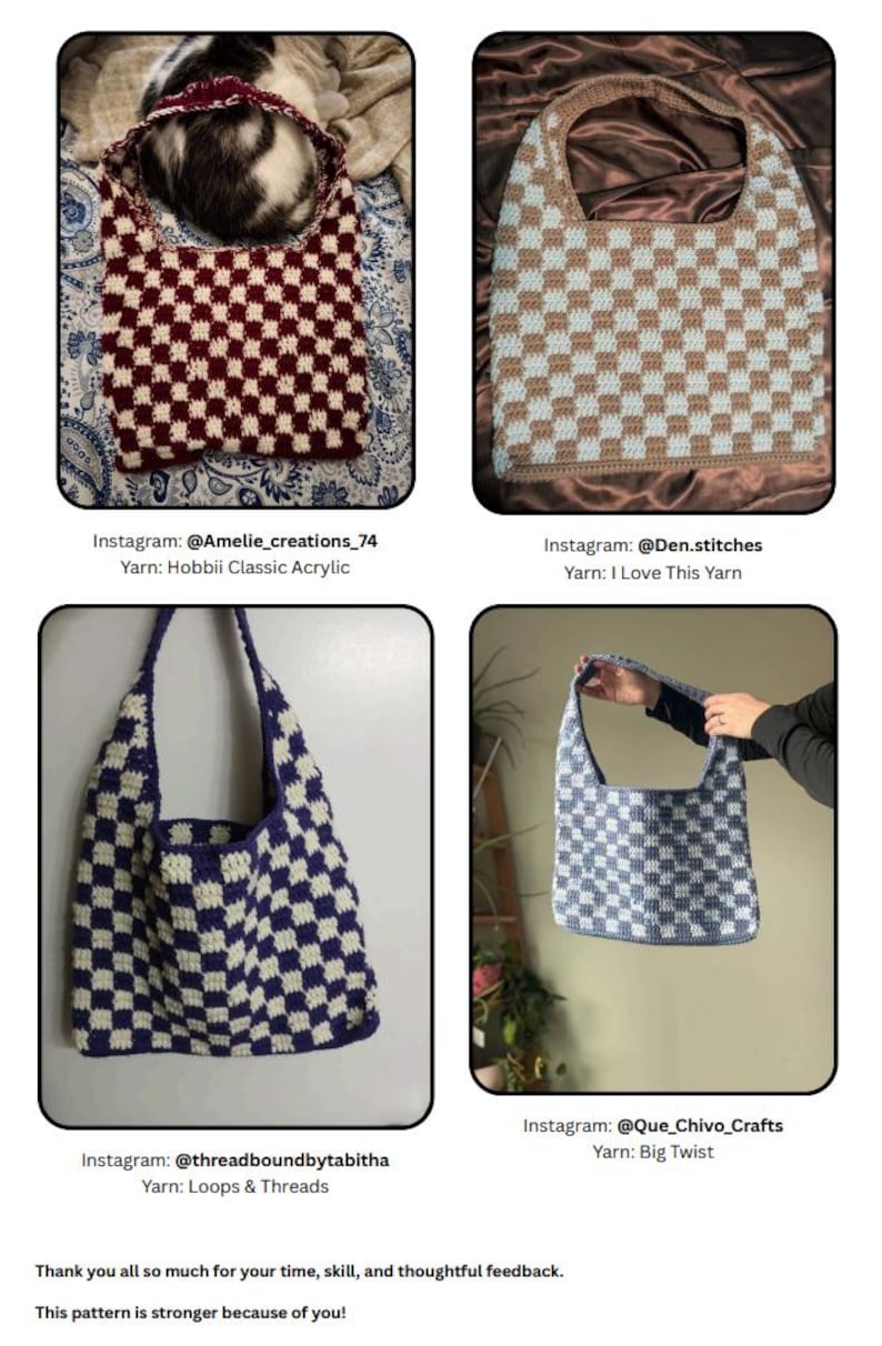 Peut inclure: Quatre sacs fourre-tout crochet&eacute;s &agrave; la main, avec un motif en damier. Les sacs pr&eacute;sentent diverses combinaisons de couleurs, notamment bordeaux et cr&egrave;me, marron et bleu clair, marine et cr&egrave;me, et bleu clair et gris. Les sacs sont fabriqu&eacute;s avec diff&eacute;rents types de fil.