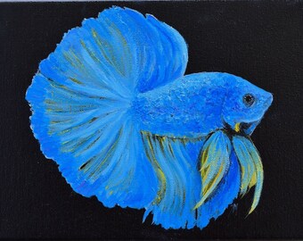 Blue and gold siamese fighting Betta fish original oil painting canvas, aquarium fish art, Australian artist, Jan Matson