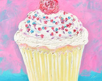 Cupcake Original Oil Painting, Food Art, kitchen wall decor, patisserie art.