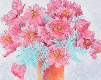 Pink Flowers Still Life Oil Painting, impasto floral art, cosmos in a vase
