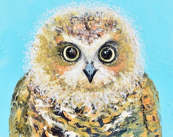 Original Owl Oil Painting, framed Australian bird art, Nursery Wall Decor, wildlife, Boobook owl.
