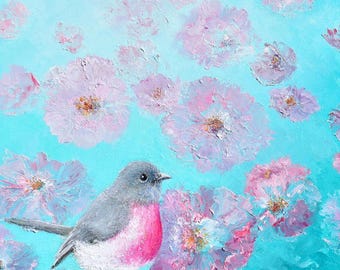 Original Rose Robin and Poppies oil painting, Decorative Australian Bird Wall Art,