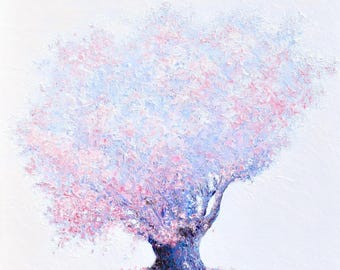 Cherry Blossom Tree Oil Painting Original, Pink Minimalist Floral Art, Spring Nature Decor,