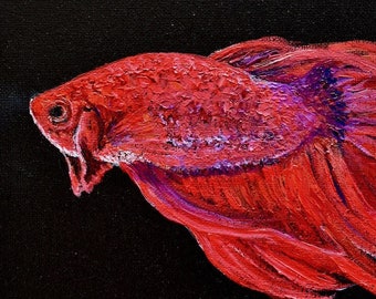 Red siamese fighting Betta fish original oil painting canvas, aquarium fish art, Australian artist, Jan Matson