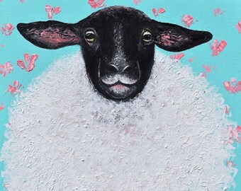 Suffolk Sheep oil painting, canvas art, animal art, nursery art and kids room art, cute animals, farm animals, Australian artist, Jan Matson