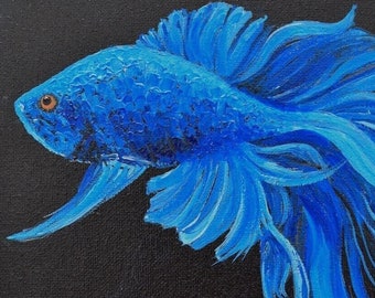 Blue siamese fighting Betta fish original oil painting canvas, aquarium fish art by Jan Matson