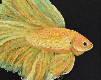 Yellow siamese fighting Betta fish original oil painting canvas, aquarium fish art, Australian artist, Jan Matson