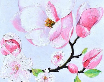 Pink magnolia flowers oil painting, canvas, thick texture, pink floral, still life, impasto painting, Australian artist, Jan Matson