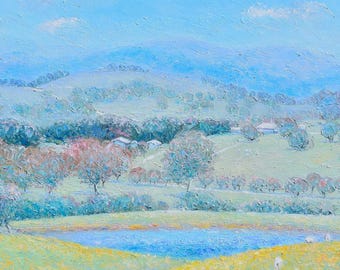 Australian Landscape Oil Painting, country farm scene with grazing sheep, blue hills and gum trees