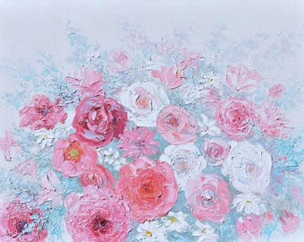 Impasto Flowers Oil Painting, Original Floral Wall Art, Pastel colour, flower arrangement,