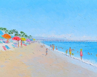 Beach painting depicting beach life with umbrellas, palm trees and people, coastal decor, seascape, Australian artist, Jan Matson