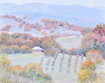 Australian Landscape Oil Painting, Autumn Farm Scene, Grazing Sheep, Gum Trees