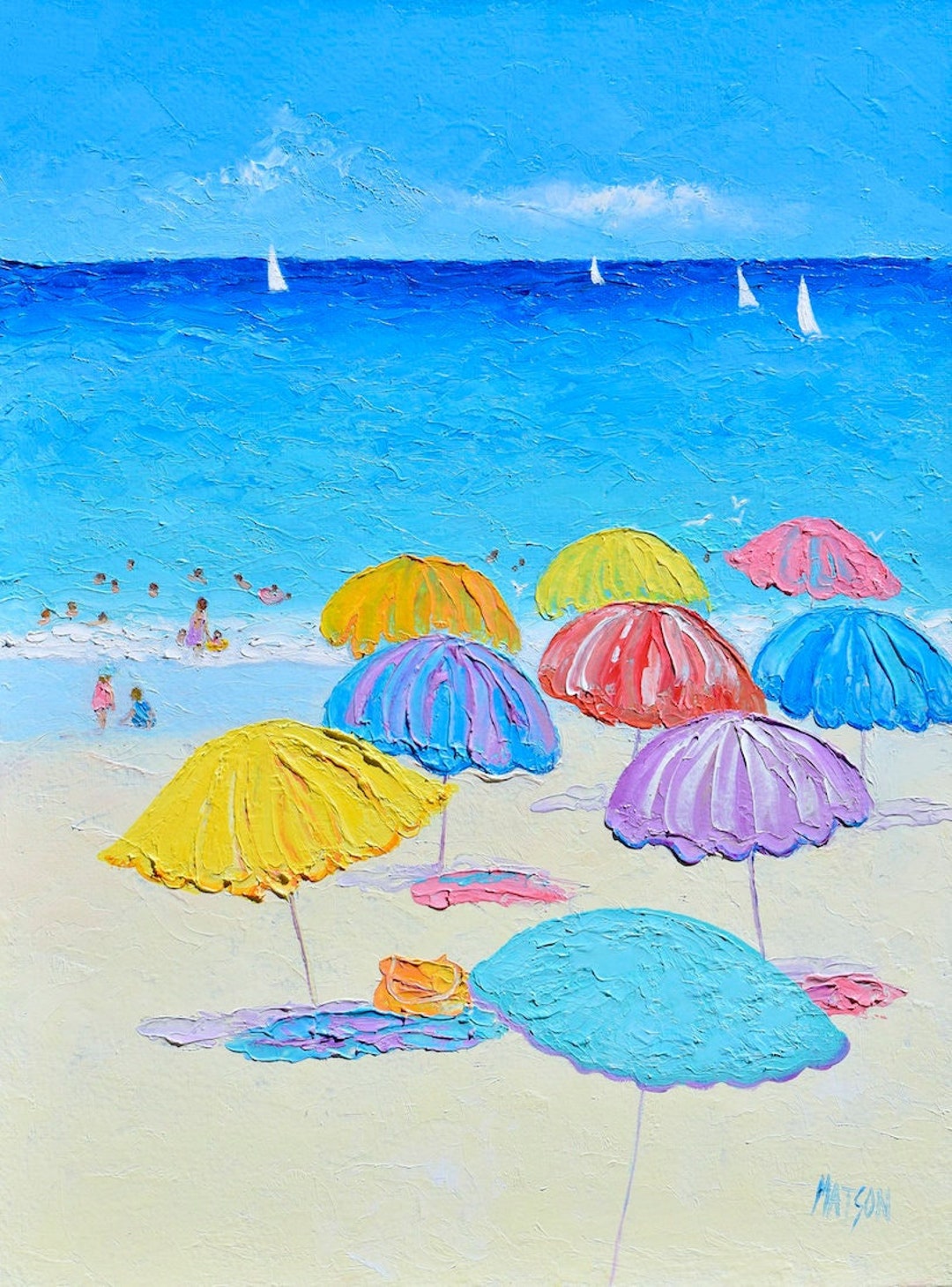 Beach Painting With Beach Umbrellas Ocean Seascape Bathroom - Etsy