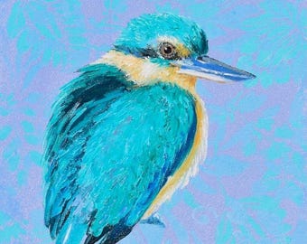 Kingfisher bird original oil painting, native Australian bird art, wildlife lover gift.
