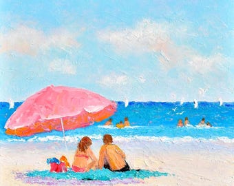Beach Painting, Original Oil Seascape Art, Family Under Umbrella, Coastal Decor