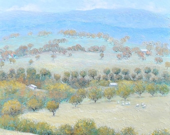 Australian Landscape Original Oil Painting, country farm scene with grazing sheep and gum trees