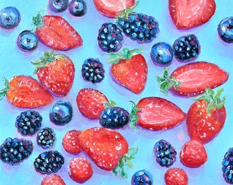 Berries Oil Painting Original, Fruit Art, Strawberry Blueberry Raspberry Blackberry, Kitchen Wall Decor