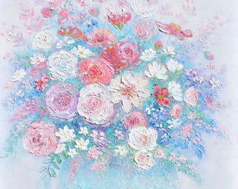 Impasto Flowers Still Life Oil Painting, Floral Wall Art in pastel tones