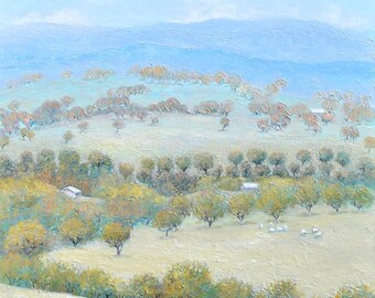 Australian Landscape Oil Painting, country farm scene with grazing sheep and gum trees