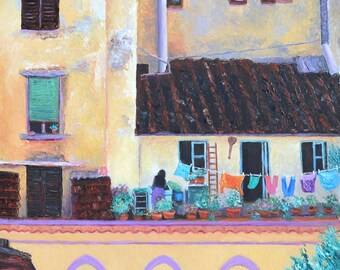 Florence Italy Oil Painting, Original Italian architecture, domestic scene, woman hanging washing