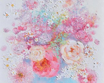 Impasto Flowers Oil Painting, Original Thick Textured Floral Wall Art, gift for her