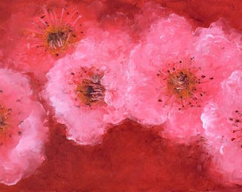 Cherry Blossom Oil Painting, original panoramic floral wall art.