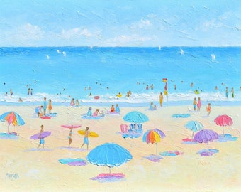 Original oil Painting On Canvas, Summer Seaside Oil Painting, beach painting, umbrellas, ocean art, seascape, Australian artist, Jan Matson