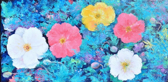 Poppies Oil Painting Original, Flower Garden Art, rectangular floral wall art.