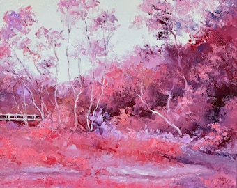 Original Australian Gum trees and river landscape oil painting, abstract pink trees art
