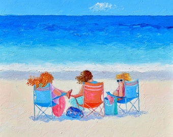 Beach oil Painting On Canvas, girlfriends, Summer, Seaside, girls room art, ocean art, seascape, Australian artist, Jan Matson