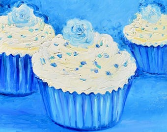 Cupcakes Original Oil Painting, Food Art, kitchen wall decor, patisserie art.