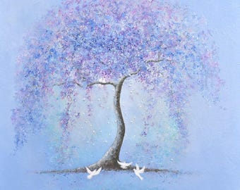 Jacaranda Oil Painting Original, Purple Blossom, Tree of Life Art, Doves, Spiritual Nature Painting