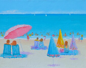 Original oil Painting On Canvas, Summer Seaside Oil Painting, beach painting, umbrellas, ocean art, seascape, Australian artist, Jan Matson