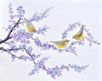 Three Little Birds Oil Painting Original, Jacaranda Blossom Art, Purple Flowering Tree, Small Bird Wall Art