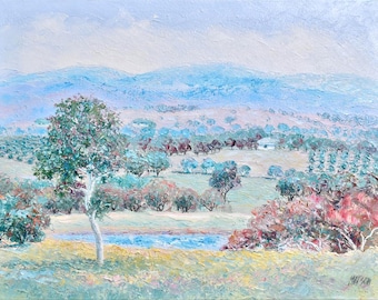 Original Australian Autumn Landscape oil painting, rural countryside, country farm scene, vineyards