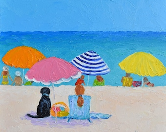 Summer beach scene with girl and dog, Framed beach oil painting for beach decor or girl's room decor, Australian artist, Jan Matson