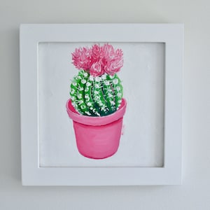 Cactus flower, framed, pink flowering cactus plant oil painting, gift size, by Jan Matson