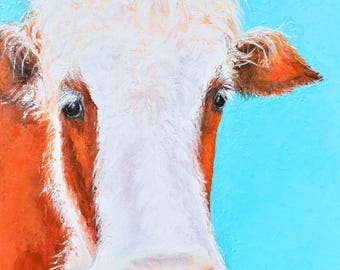 Original Brown and White Cow oil painting, Farm Animal Art, Rustic Decor, Country Home Decor