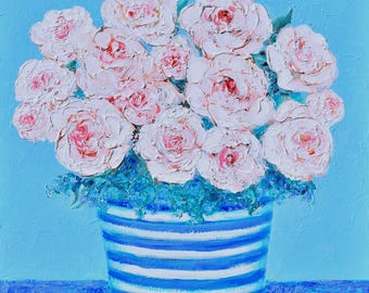 Roses Still Life Oil Painting, Original pink flowers in a bowl, textured floral art