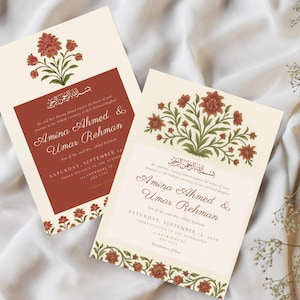 Lot d'invitations Nikkah élégantes d'inspiration moghole | Modèles modifiables de mariage islamique | Cartes Nikkah florales | Invitation bordeaux et rouge