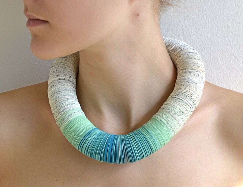 Necklace OMBRA turquoise made of book pages and papers immagine 1