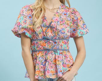 Blusa Umgee Mix Floral con cintura fruncida