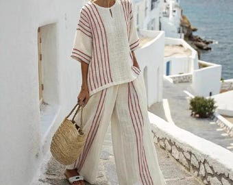 Conjunto informal transpirable: camiseta de algodón a rayas con estampado, pantalones anchos cómodos y ligeros, conjunto de dos piezas para el verano.