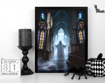 Halloween Ghost Print 8x10inch, Dark Gothic Art, Cathedral Stained Glass Arch, Spooky Season Poster, Haunting Wall Art, Digital AI Image