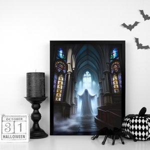 Halloween Ghost Print 8x10inch, Dark Gothic Art, Cathedral Stained Glass Arch, Spooky Season Poster, Haunting Wall Art, Digital AI Image