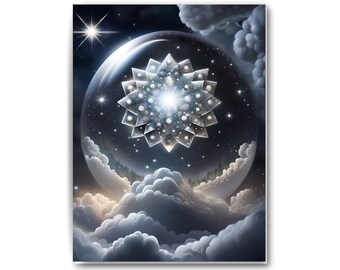 Moonlit Lotus Star Wall Art Digital Download, Dreamy Clouds Moonscape and Stars Night Sky, Printable Meditation Yoga Studio Decor, AI Image